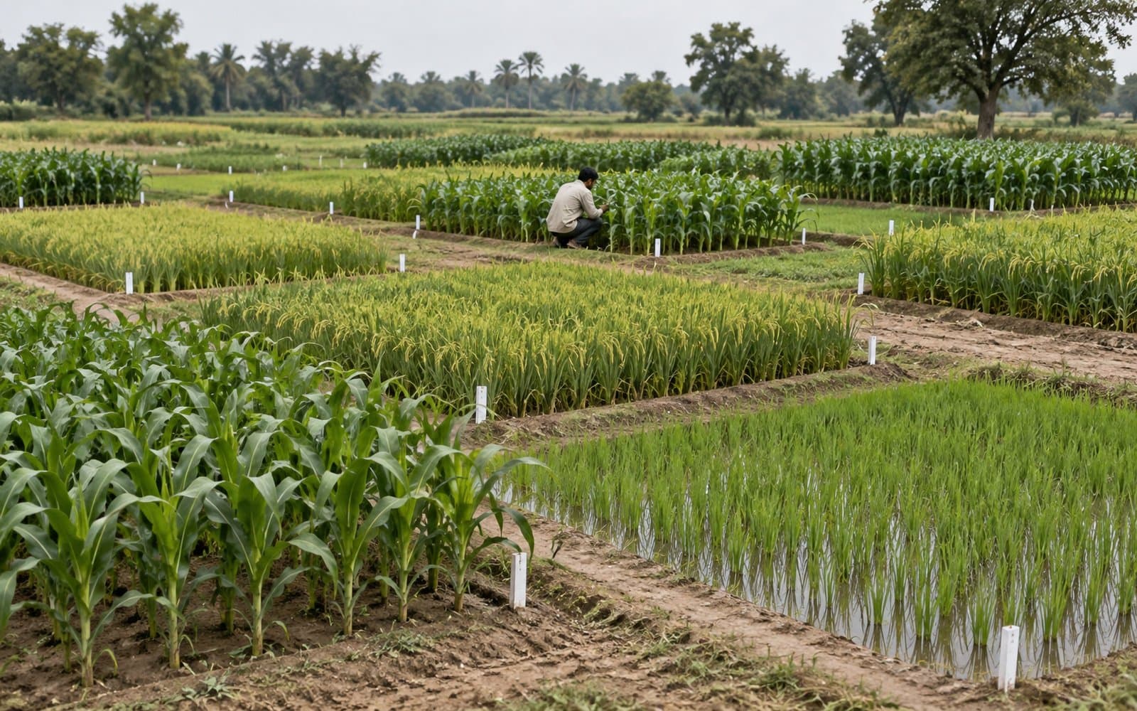 Research trial plots of maize and paddy, with an agronomist inspecting a plant